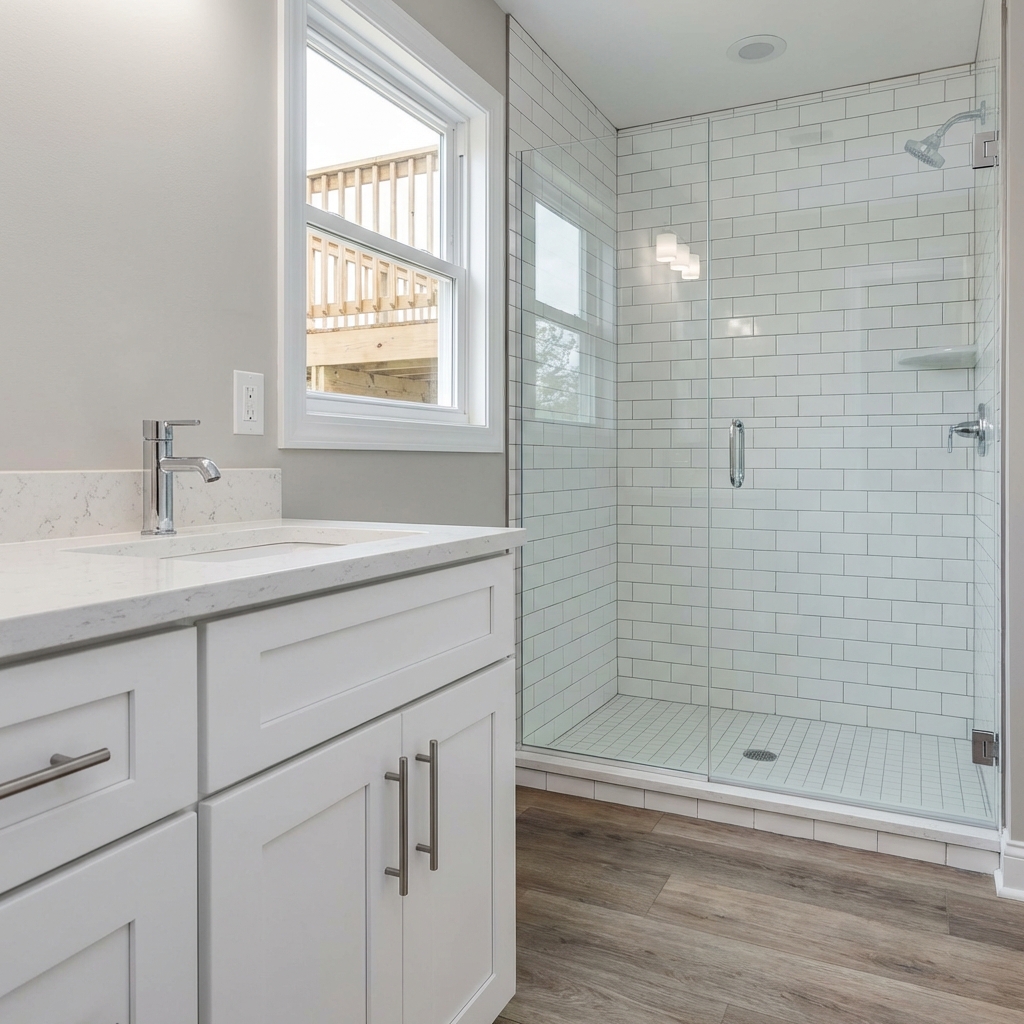 Bathroom with white vanity and deck view