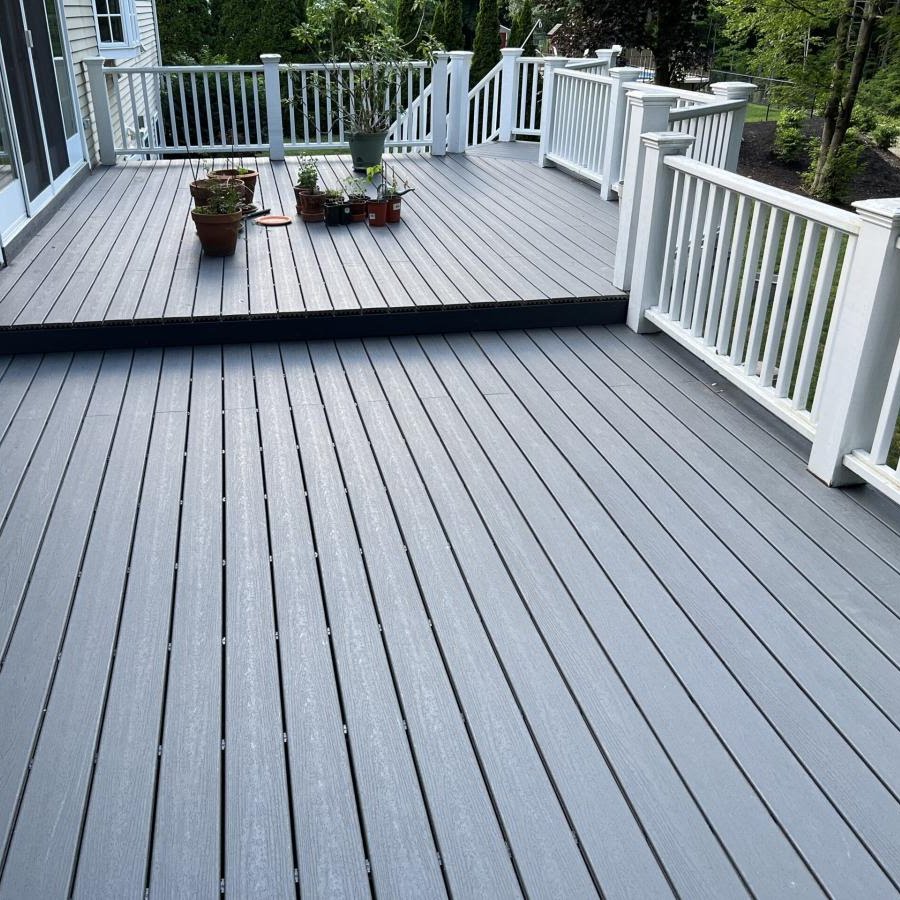 Multi-level deck with integrated lighting at dusk
