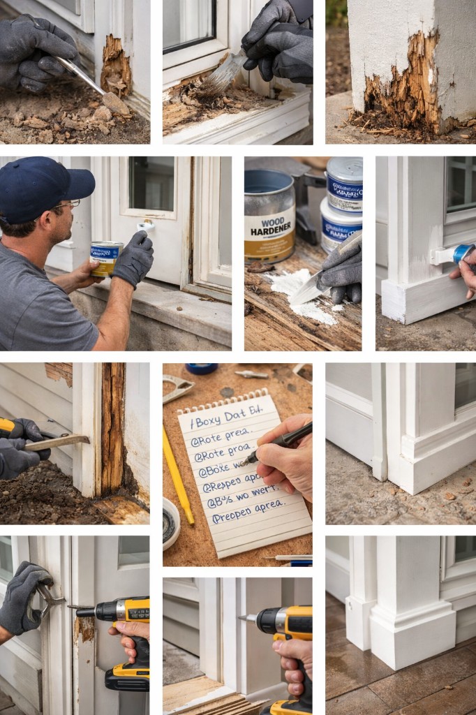 Wood rot repair: removing rot, hardener and filler, painting, and restored trim